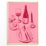 Ladda upp bild till gallerivisning, Pink minimal line-art illustration of a wine bottle, wine glass, candle, lemon slices, and dinner plate in a modern kitchen wall art style.
