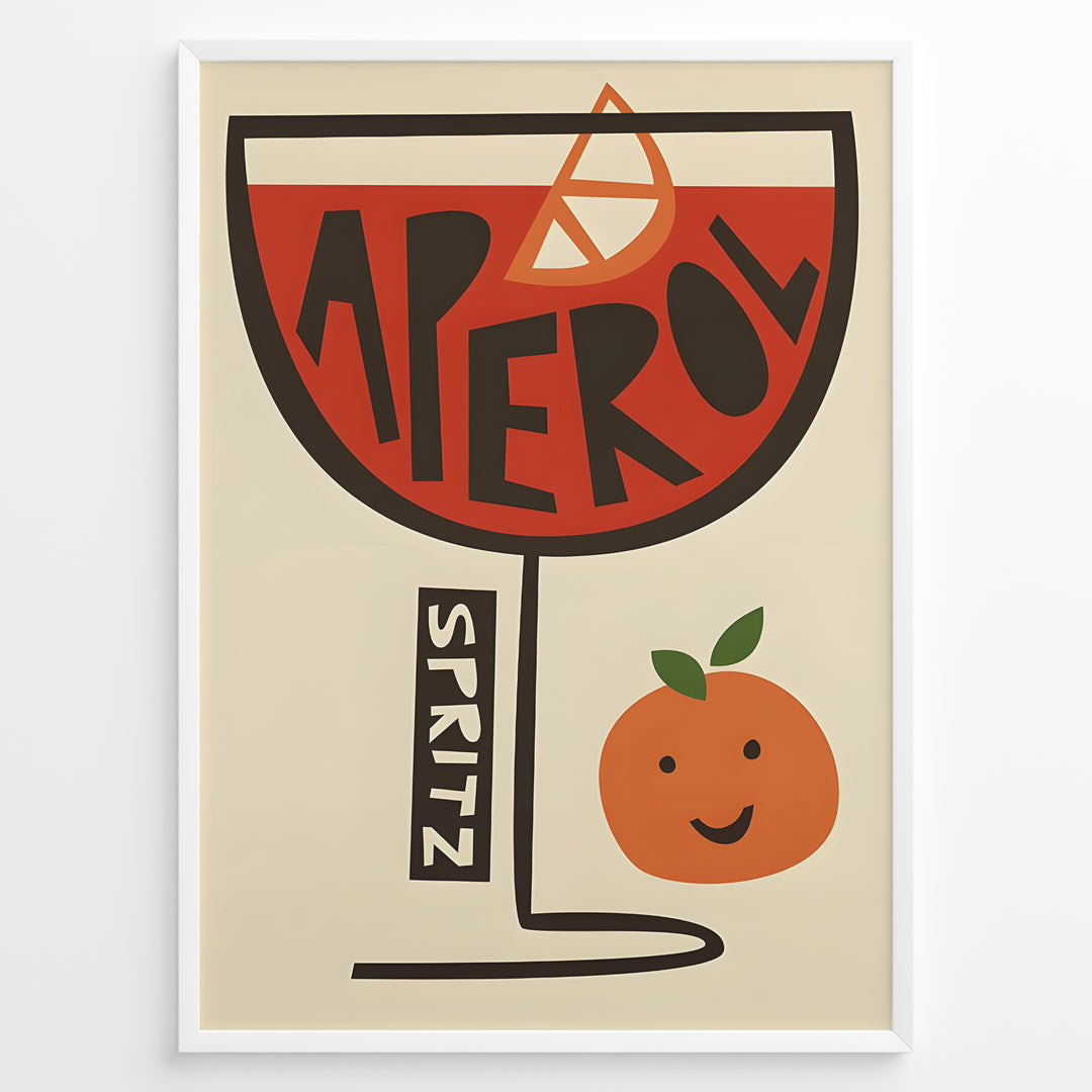 Retro illustration of an Aperol Spritz cocktail glass with bold lettering and a smiling orange.
