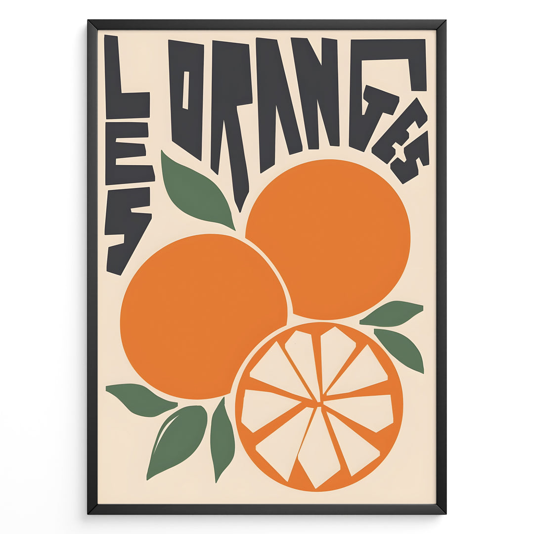 Retro French-style poster with bold lettering and illustrated oranges, including a sliced orange and green leaves.