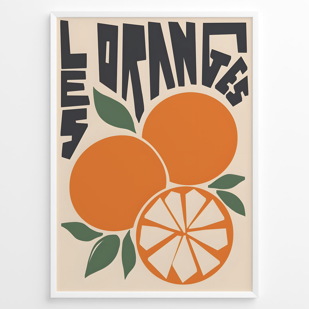 Retro French-style poster with bold lettering and illustrated oranges, including a sliced orange and green leaves.