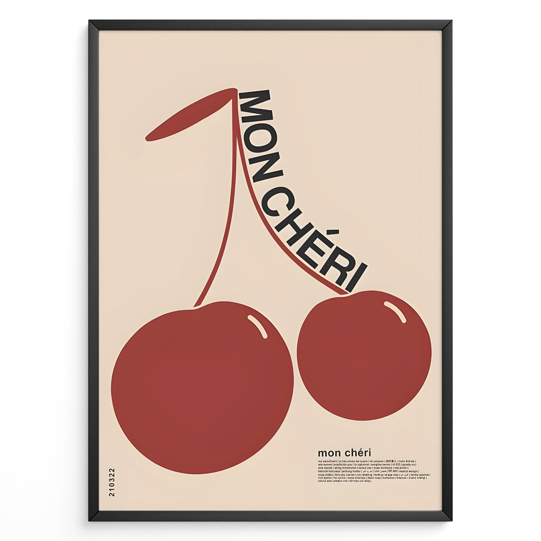 Modern French-style poster with two large red cherries and the text “Mon Chéri.”