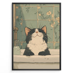 Ladda upp bild till gallerivisning, Illustration of a smiling black and white cat in a bathroom sink with green floral vintage tiles.
