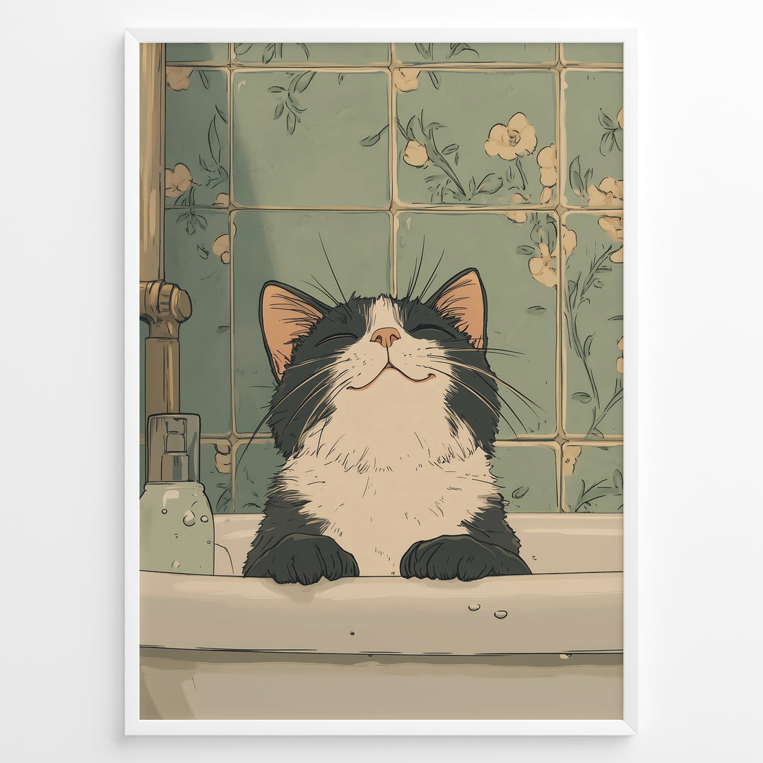 Illustration of a smiling black and white cat in a bathroom sink with green floral vintage tiles.