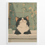 Ladda upp bild till gallerivisning, Illustration of a smiling black and white cat in a bathroom sink with green floral vintage tiles.
