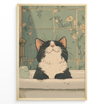 Ladda upp bild till gallerivisning, Illustration of a smiling black and white cat in a bathroom sink with green floral vintage tiles.
