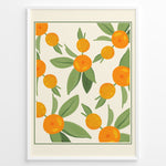 Ladda upp bild till gallerivisning, Illustration of ripe orange citrus fruits with green leaves on a cream background, framed in black – modern botanical kitchen wall art plakat.
