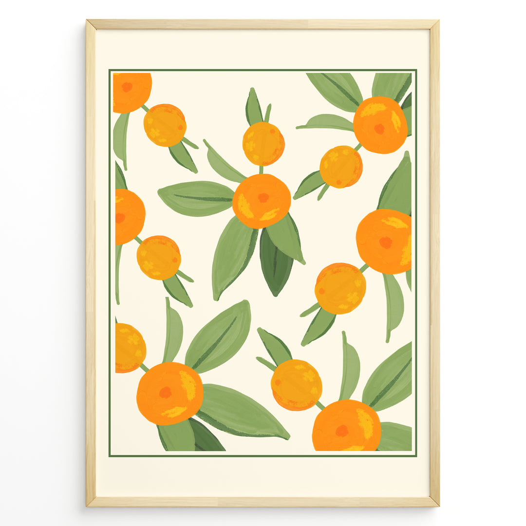Illustration of ripe orange citrus fruits with green leaves on a cream background, framed in black – modern botanical kitchen wall art plakat.