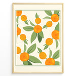 Ladda upp bild till gallerivisning, Illustration of ripe orange citrus fruits with green leaves on a cream background, framed in black – modern botanical kitchen wall art plakat.

