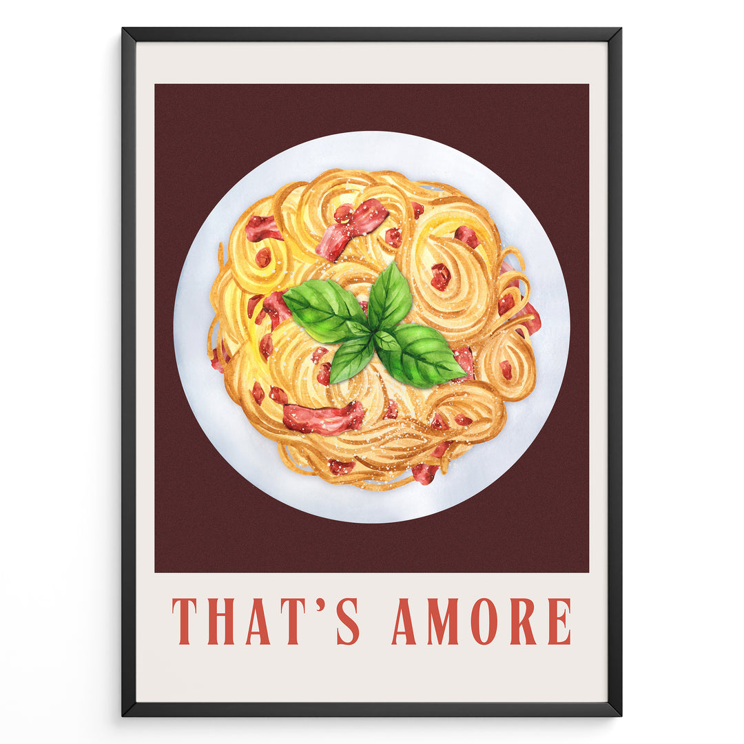 Italian pasta art print plakat with basil leaves and “That’s Amore” text framed in black on white background.