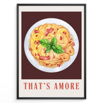 Ladda upp bild till gallerivisning, Italian pasta art print plakat with basil leaves and “That’s Amore” text framed in black on white background.
