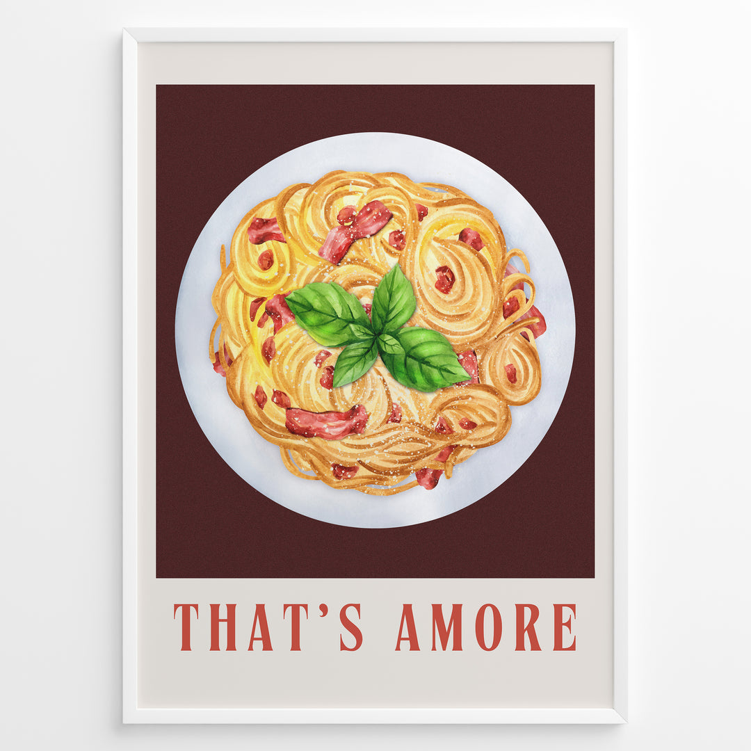 Italian pasta art print plakat with basil leaves and “That’s Amore” text framed in black on white background.