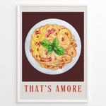 Ladda upp bild till gallerivisning, Italian pasta art print plakat with basil leaves and “That’s Amore” text framed in black on white background.
