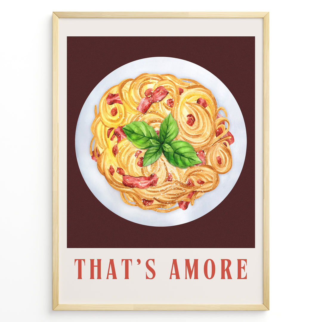 Italian pasta art print plakat with basil leaves and “That’s Amore” text framed in black on white background.