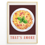 Ladda upp bild till gallerivisning, Italian pasta art print plakat with basil leaves and “That’s Amore” text framed in black on white background.
