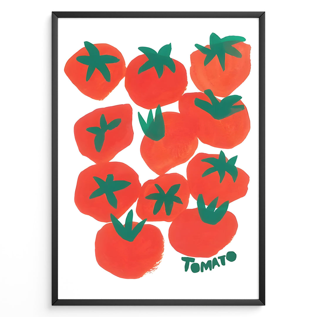 Modern tomato art print plakat featuring red and green hand-painted tomatoes with the word “Tomato” on a white background framed in black.
