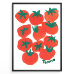 Ladda upp bild till gallerivisning, Modern tomato art print plakat featuring red and green hand-painted tomatoes with the word “Tomato” on a white background framed in black.
