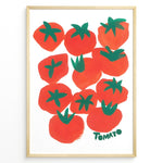 Ladda upp bild till gallerivisning, Modern tomato art print plakat featuring red and green hand-painted tomatoes with the word “Tomato” on a white background framed in black.
