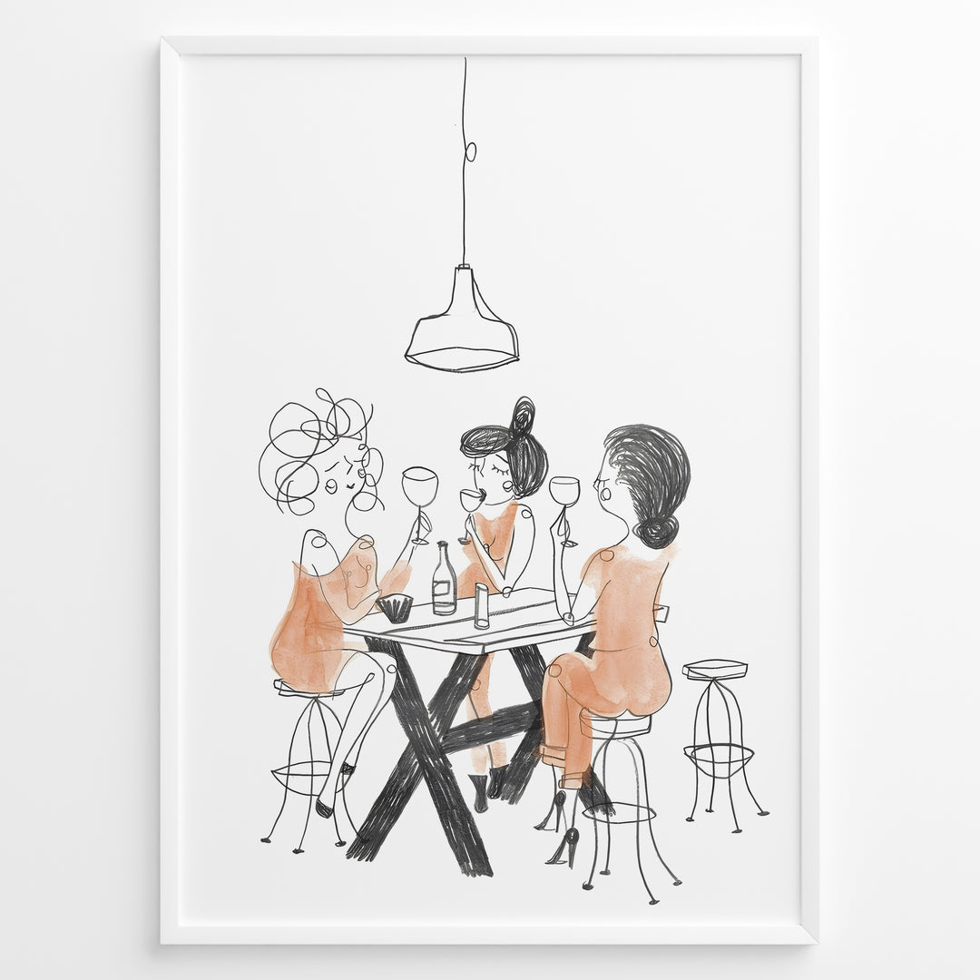 Minimalist line art illustration of three women drinking wine at a bar table.
