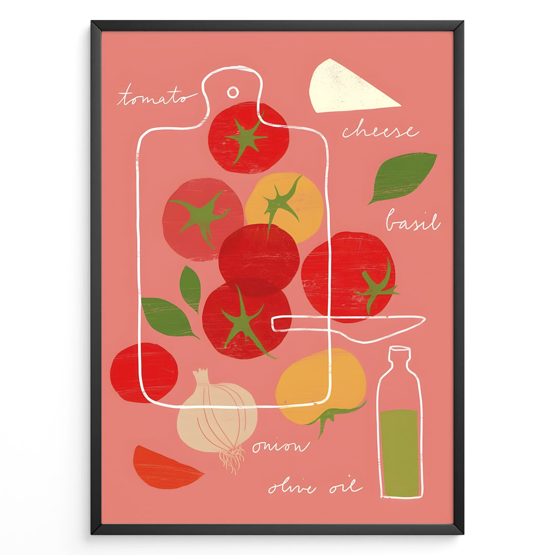 Modern illustrated kitchen art featuring tomatoes, basil, cheese, onion and olive oil.