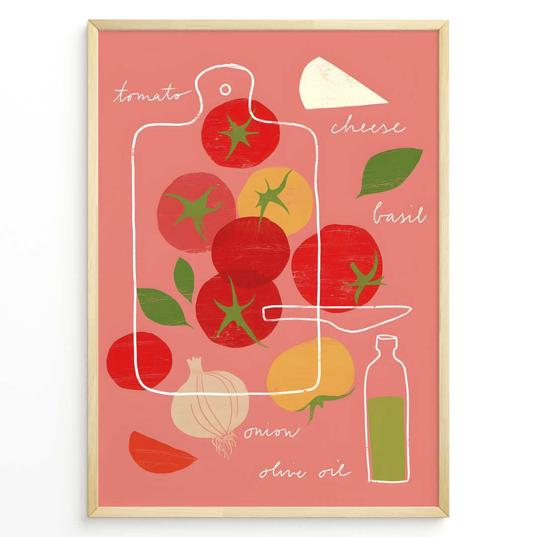 Modern illustrated kitchen art featuring tomatoes, basil, cheese, onion and olive oil.