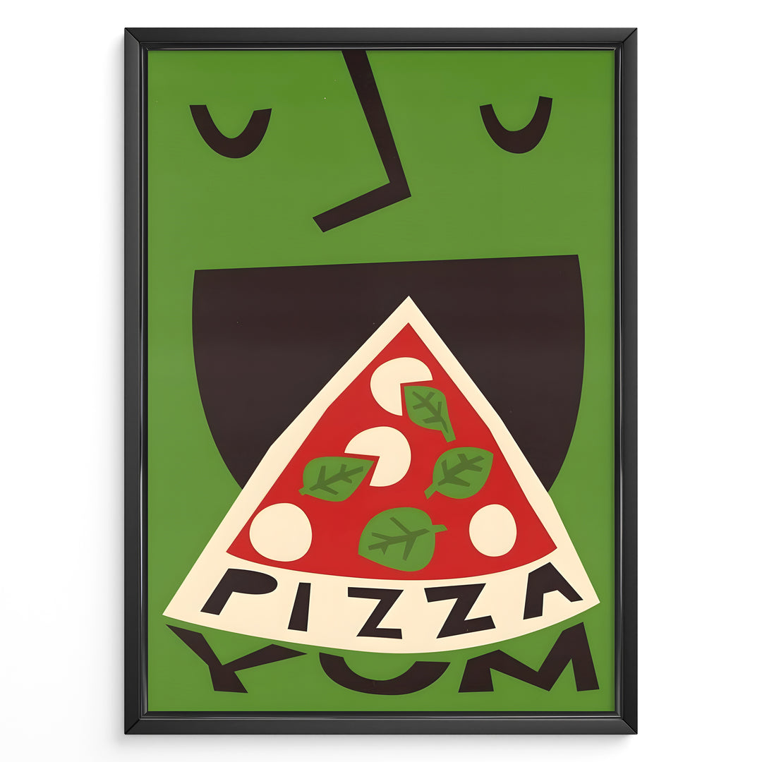 Modern graphic poster showing a stylized pizza slice against a green background.