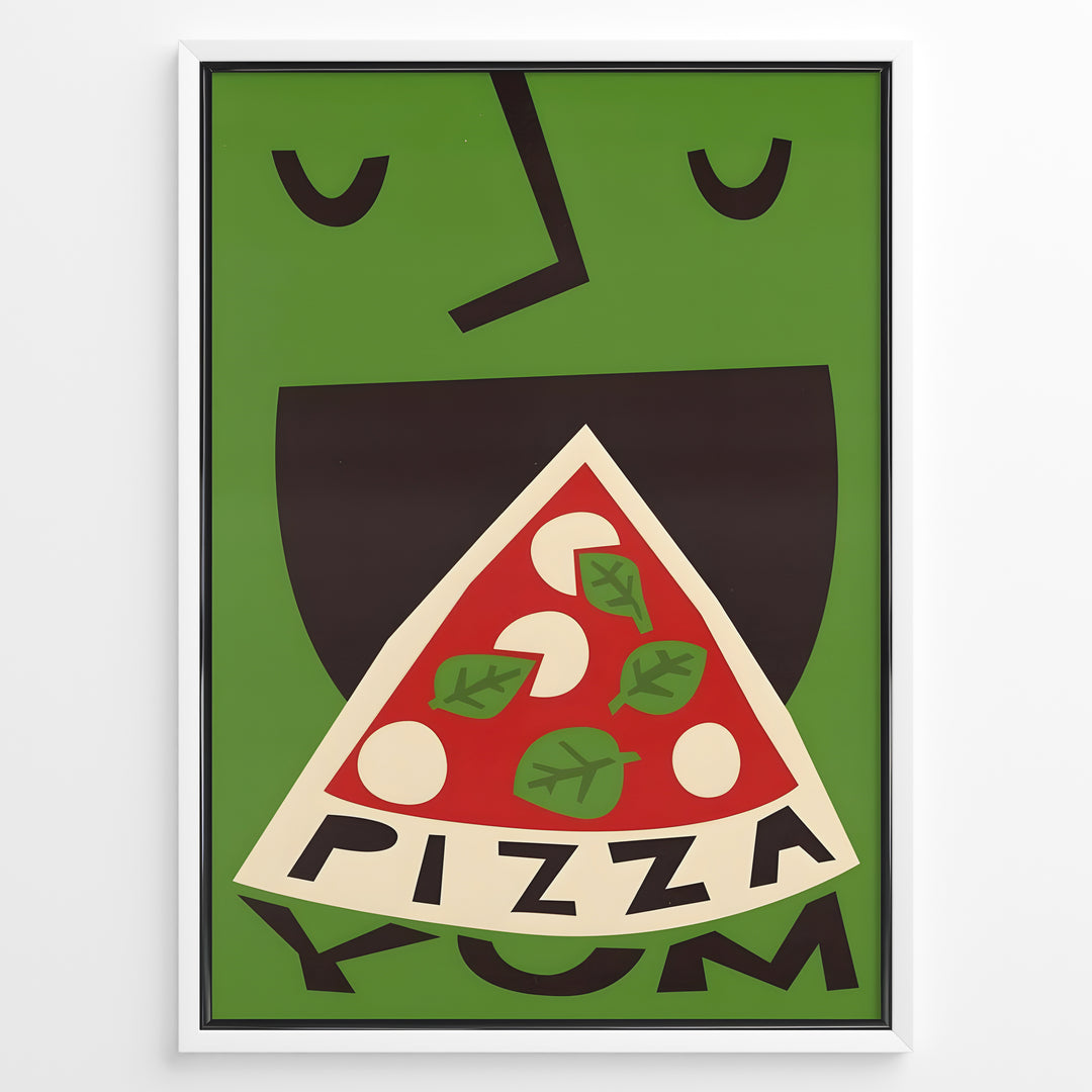 Modern graphic poster showing a stylized pizza slice against a green background.