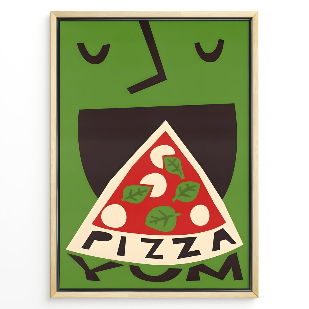 Modern graphic poster showing a stylized pizza slice against a green background.