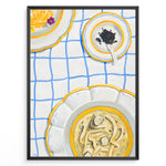 Ladda upp bild till gallerivisning, Illustrated art print of pasta dishes and a bowl of caviar on a blue-check tablecloth.
