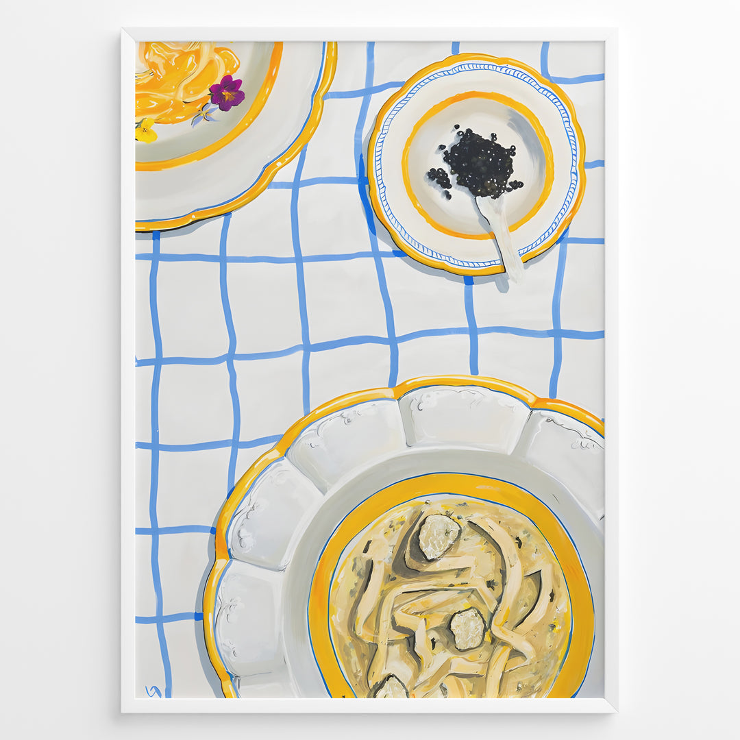 Illustrated art print of pasta dishes and a bowl of caviar on a blue-check tablecloth.
