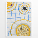 Ladda upp bild till gallerivisning, Illustrated art print of pasta dishes and a bowl of caviar on a blue-check tablecloth.
