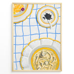 Ladda upp bild till gallerivisning, Illustrated art print of pasta dishes and a bowl of caviar on a blue-check tablecloth.
