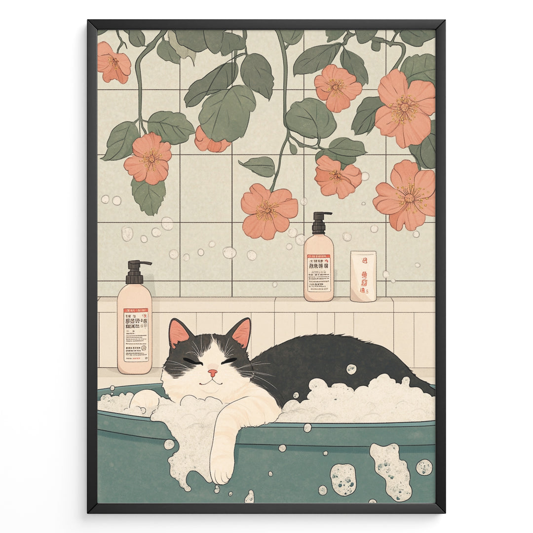 Cute illustration of a black and white cat relaxing in a bubble bath with flowers and bath products in a pastel Japanese-style bathroom.