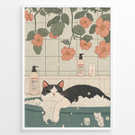 Ladda upp bild till gallerivisning, Cute illustration of a black and white cat relaxing in a bubble bath with flowers and bath products in a pastel Japanese-style bathroom.
