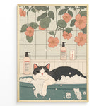 Ladda upp bild till gallerivisning, Cute illustration of a black and white cat relaxing in a bubble bath with flowers and bath products in a pastel Japanese-style bathroom.
