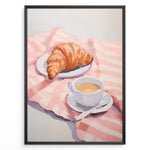 Ladda upp bild till gallerivisning, Illustration of a croissant on a plate and a cup of coffee on a pink cloth.
