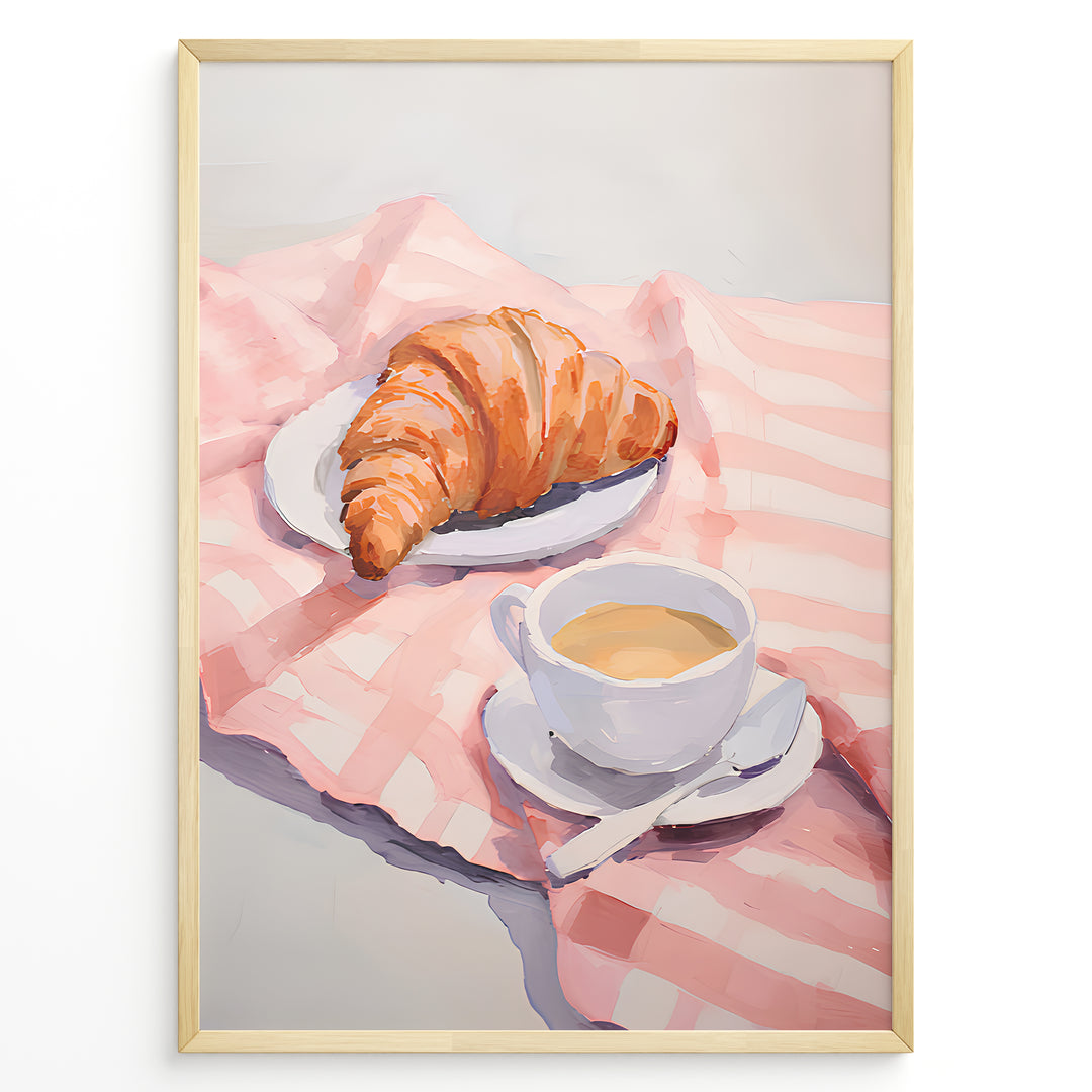 Illustration of a croissant on a plate and a cup of coffee on a pink cloth.