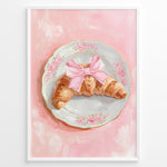 Ladda upp bild till gallerivisning, Illustrated croissant with a pink bow on a floral plate over a pink background.
