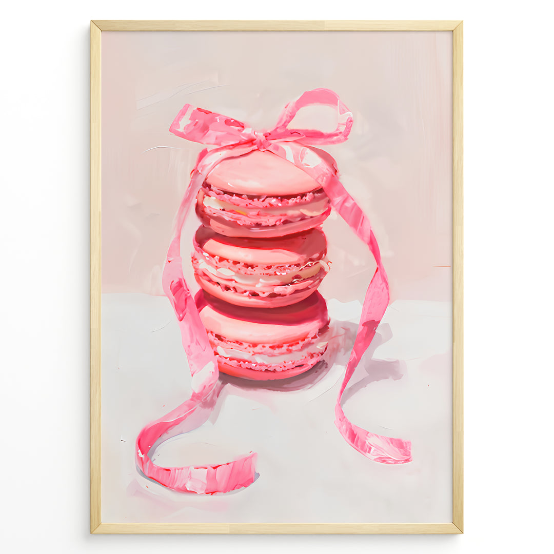 Illustration of stacked pink macarons tied with a pink ribbon.