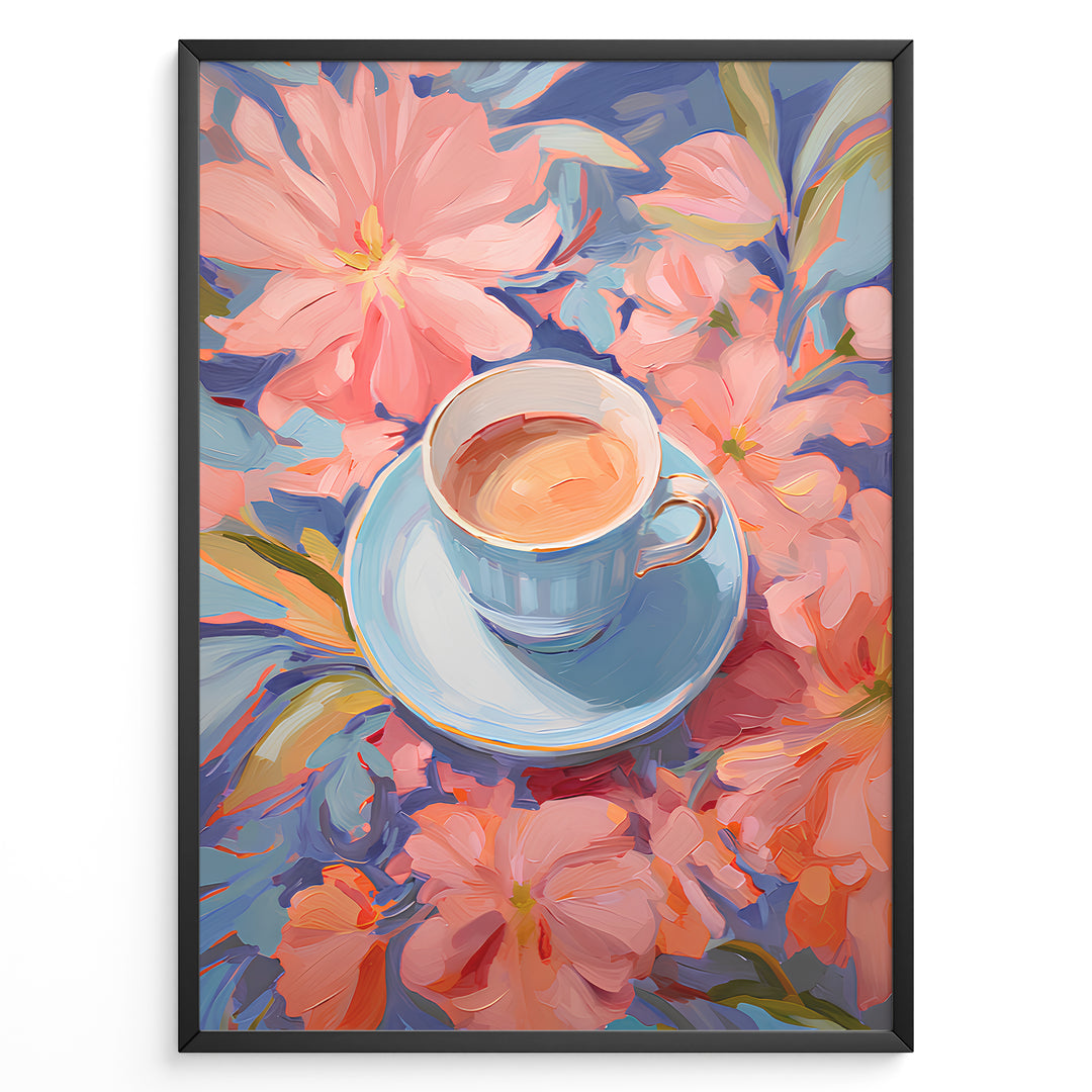 Illustration of a blue teacup with coffee surrounded by pink pastel flowers.