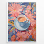 Ladda upp bild till gallerivisning, Illustration of a blue teacup with coffee surrounded by pink pastel flowers.
