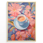 Ladda upp bild till gallerivisning, Illustration of a blue teacup with coffee surrounded by pink pastel flowers.
