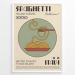 Ladda upp bild till gallerivisning, Retro-style spaghetti art print plakat with fork twirling pasta in a bowl, Italian typography, and vintage beige background framed in white.
