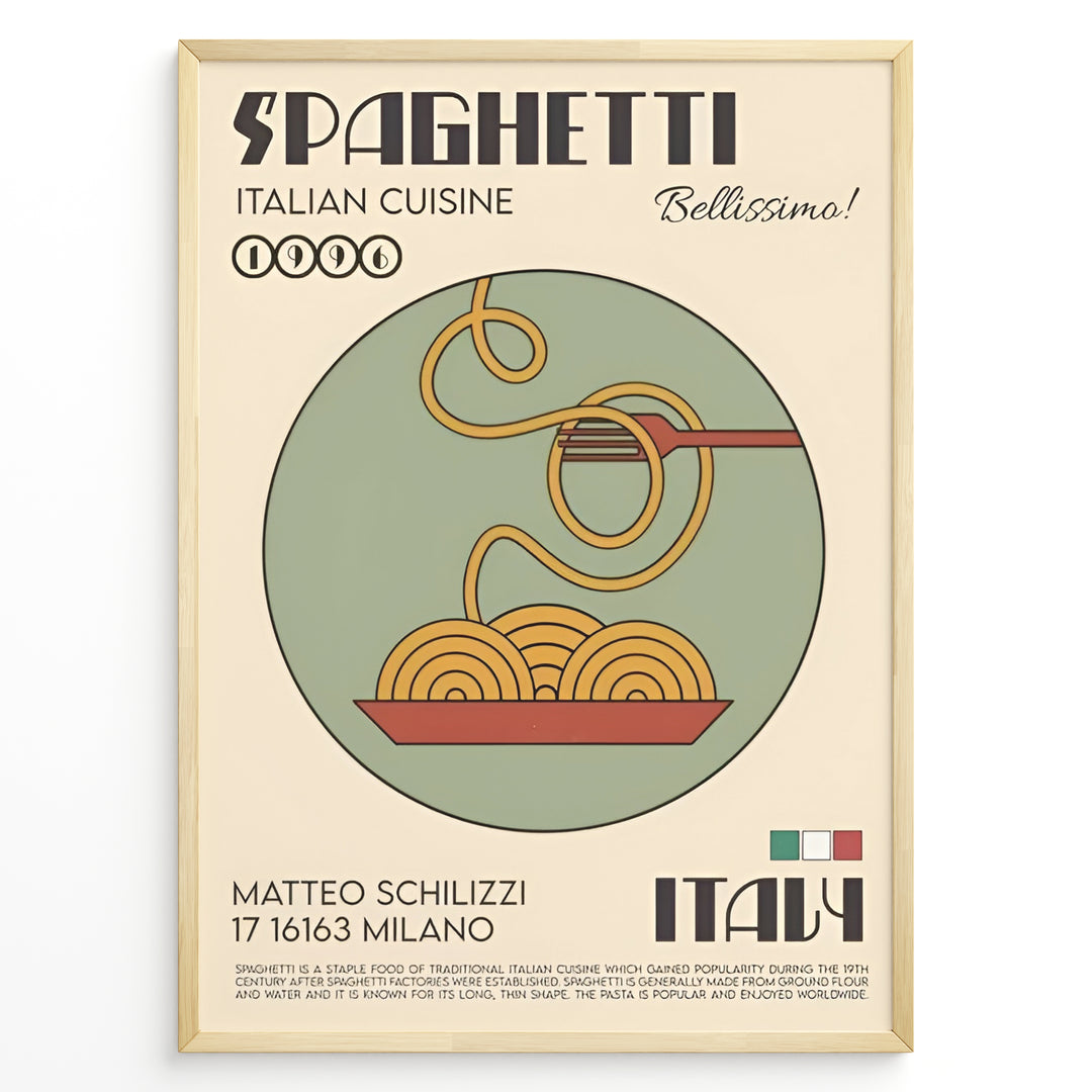 Retro-style spaghetti art print plakat with fork twirling pasta in a bowl, Italian typography, and vintage beige background framed in black.