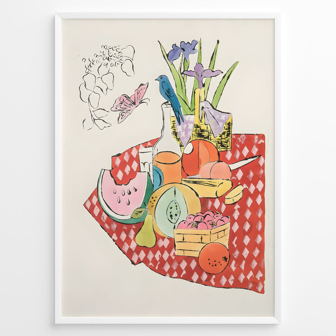 Colorful still life illustration with fruits, flowers, a blue bird, and a red checkered tablecloth framed in black – modern kitchen wall art plakat.