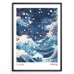 Ladda upp bild till gallerivisning, Blue Japanese ocean wave illustration with white foam, swirling water, and red paint accents, labeled Tokyo 1998.
