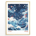 Ladda upp bild till gallerivisning, Blue Japanese ocean wave illustration with white foam, swirling water, and red paint accents, labeled Tokyo 1998.
