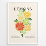 Ladda upp bild till gallerivisning, Illustration of colorful citrus fruits including lemons, limes, and grapefruits with green leaves, framed in black – modern lemon kitchen wall art plakat.
