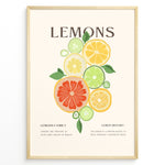 Ladda upp bild till gallerivisning, Illustration of colorful citrus fruits including lemons, limes, and grapefruits with green leaves, framed in black – modern lemon kitchen wall art plakat.
