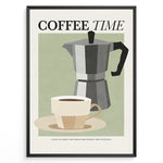 Ladda upp bild till gallerivisning, Minimalist Coffee Time poster with cup and moka pot illustration in black frame.
