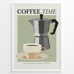 Ladda upp bild till gallerivisning, Minimalist Coffee Time poster with cup and moka pot illustration in white frame.
